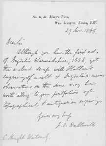 Letter from J O Halliwill to Charles Knight Watson